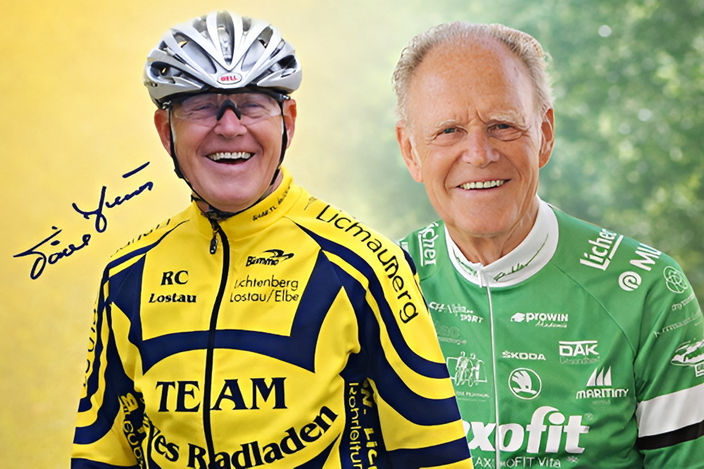 Zwei Porträts von Täve Schur in Radsportbekleidung