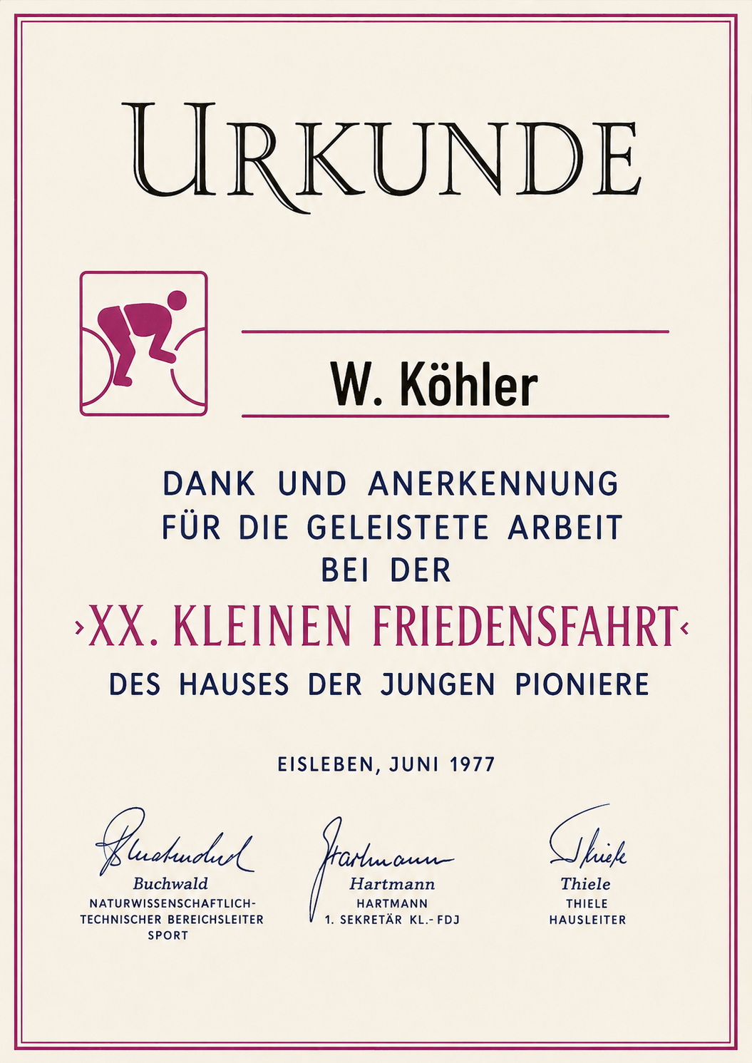 Urkunde Kleine Friedensfahrt 1977