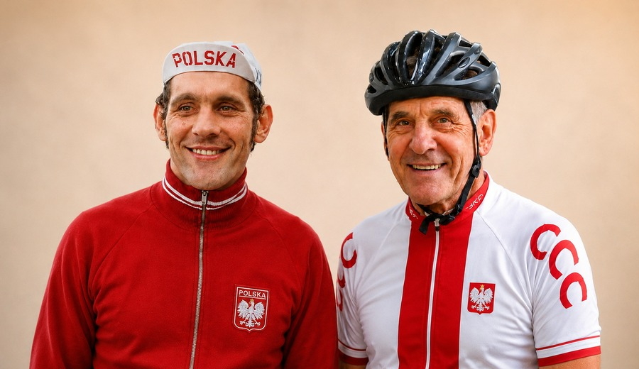 Zwei Radsportfreunde in historischem und modernem Trikot der polnischen Nationalmannschaft