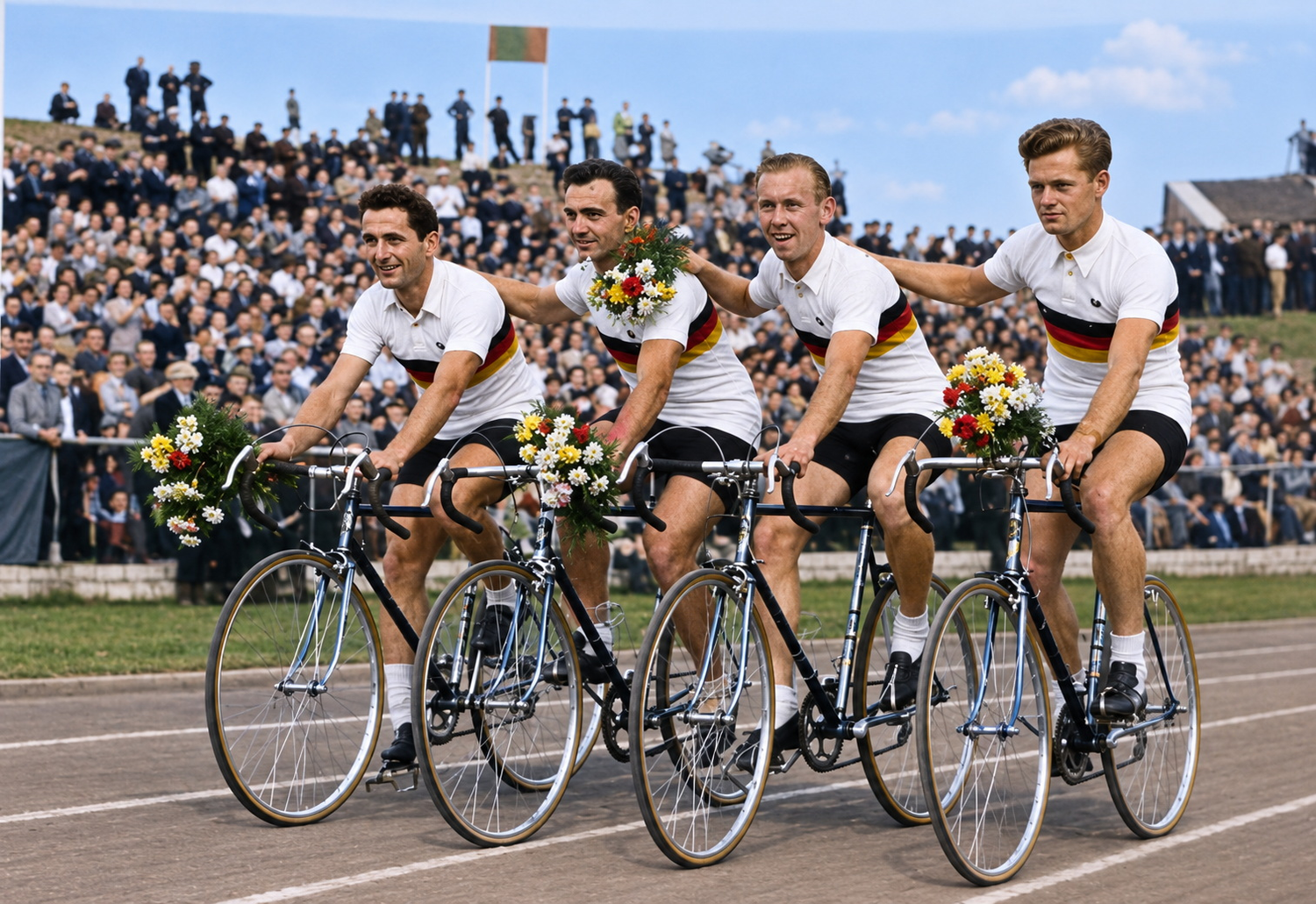 Historische Radsportmannschaft in Deutschlandtrikots auf Rennrädern
