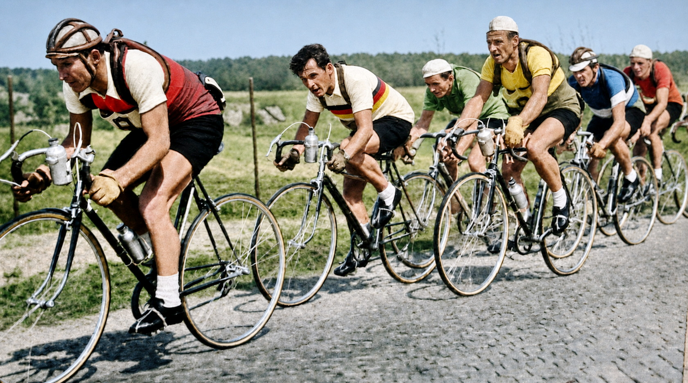 Historische Gruppenaufnahme erfolgreicher Radsportler