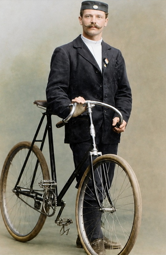 Historisches, koloriertes Porträtfoto von Gustav Gräben mit Rennrad