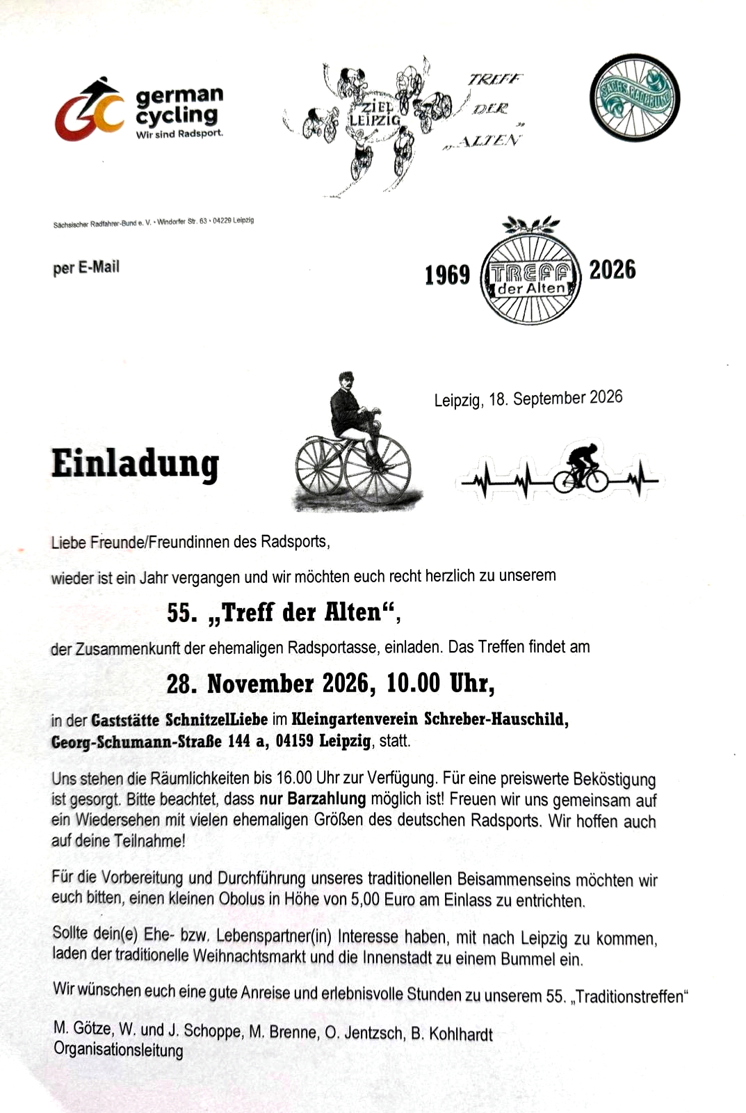 Originaleinladung zum 55. Treff der Alten am 28. November 2026 in Leipzig